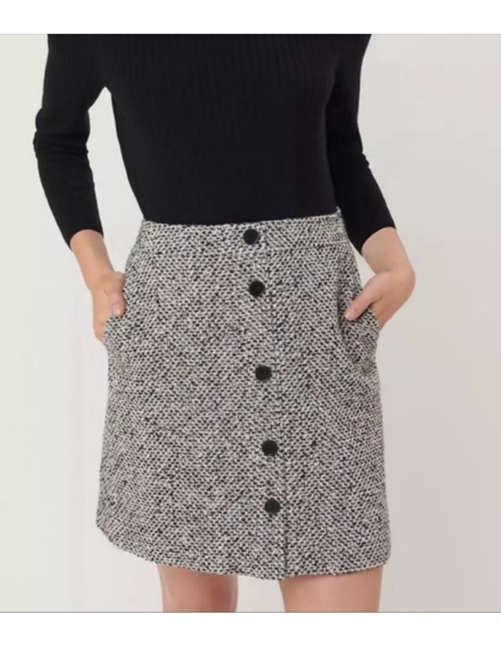 LOFT Tweed Button Front Wool Blend Skirt Size 8 Black White Tan Cream